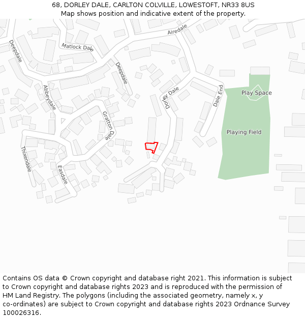 68, DORLEY DALE, CARLTON COLVILLE, LOWESTOFT, NR33 8US: Location map and indicative extent of plot
