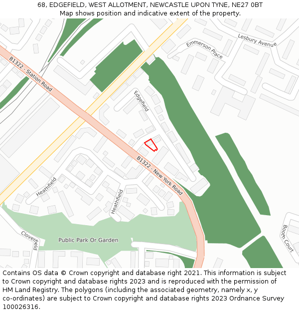 68, EDGEFIELD, WEST ALLOTMENT, NEWCASTLE UPON TYNE, NE27 0BT: Location map and indicative extent of plot