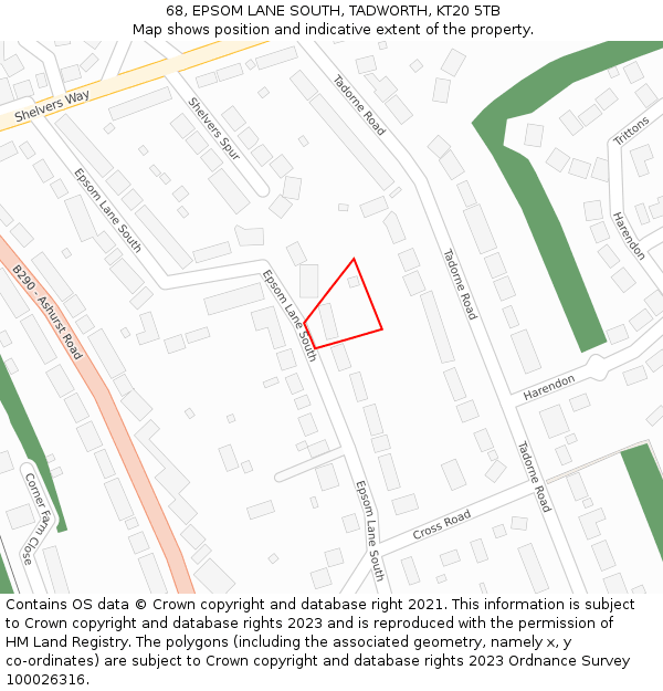 68, EPSOM LANE SOUTH, TADWORTH, KT20 5TB: Location map and indicative extent of plot