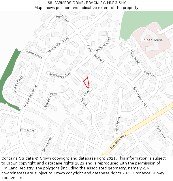 68, FARMERS DRIVE, BRACKLEY, NN13 6HY: Location map and indicative extent of plot