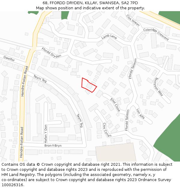 68, FFORDD DRYDEN, KILLAY, SWANSEA, SA2 7PD: Location map and indicative extent of plot