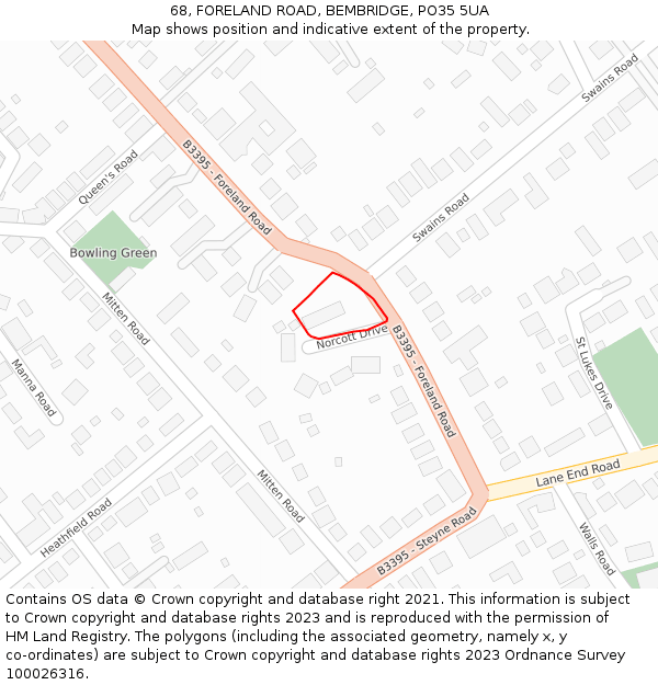 68, FORELAND ROAD, BEMBRIDGE, PO35 5UA: Location map and indicative extent of plot