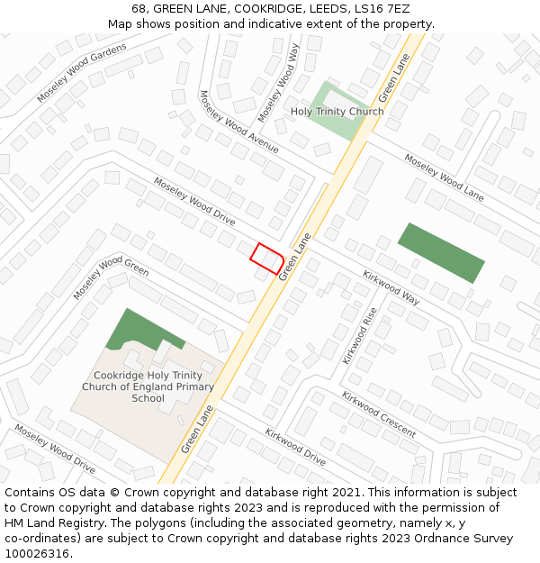 68, GREEN LANE, COOKRIDGE, LEEDS, LS16 7EZ: Location map and indicative extent of plot