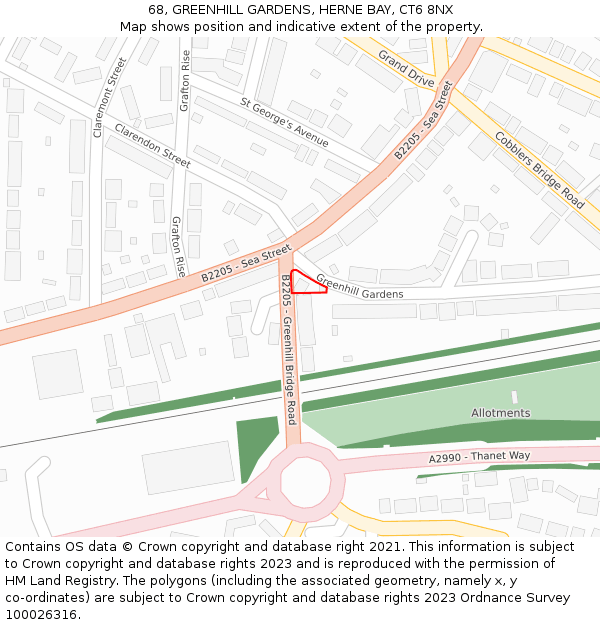68, GREENHILL GARDENS, HERNE BAY, CT6 8NX: Location map and indicative extent of plot