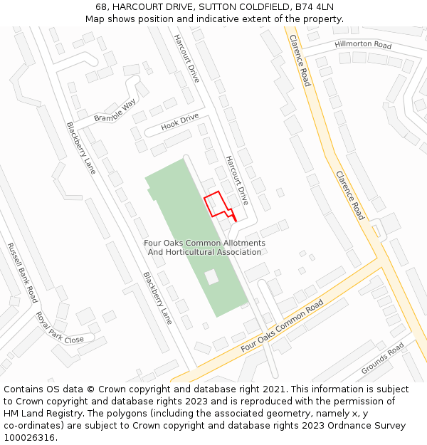68, HARCOURT DRIVE, SUTTON COLDFIELD, B74 4LN: Location map and indicative extent of plot