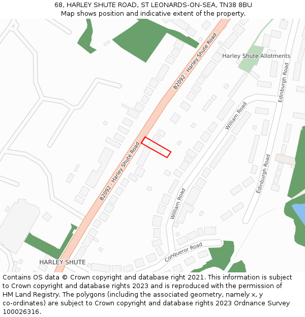 68, HARLEY SHUTE ROAD, ST LEONARDS-ON-SEA, TN38 8BU: Location map and indicative extent of plot