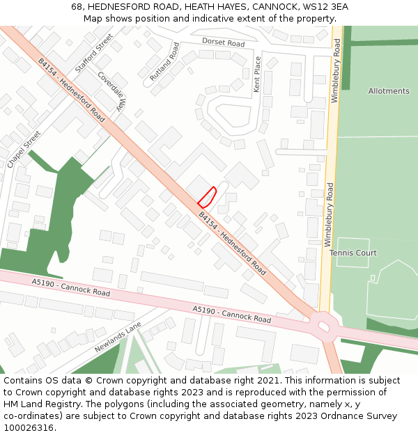 68, HEDNESFORD ROAD, HEATH HAYES, CANNOCK, WS12 3EA: Location map and indicative extent of plot