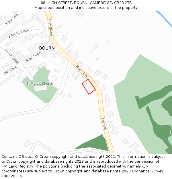 68, HIGH STREET, BOURN, CAMBRIDGE, CB23 2TR: Location map and indicative extent of plot