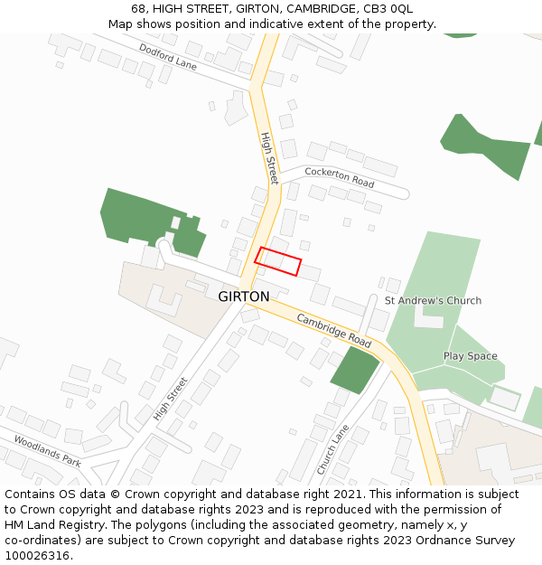 68, HIGH STREET, GIRTON, CAMBRIDGE, CB3 0QL: Location map and indicative extent of plot