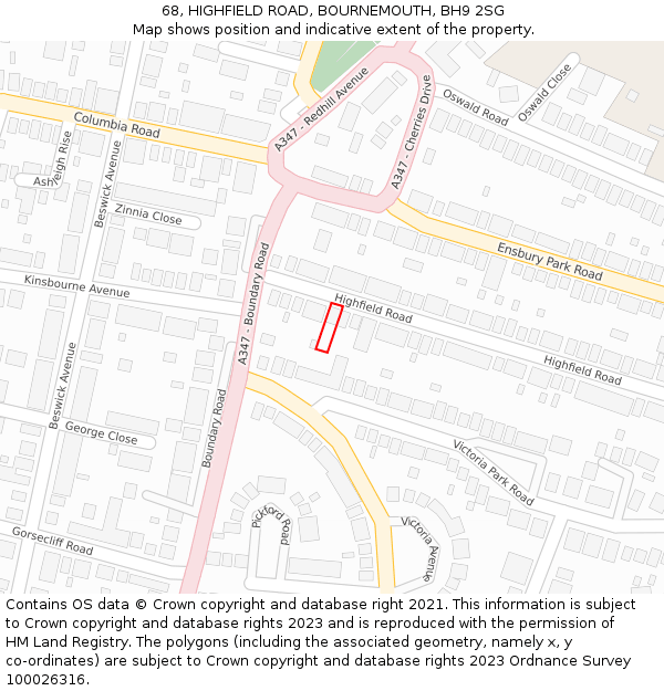 68, HIGHFIELD ROAD, BOURNEMOUTH, BH9 2SG: Location map and indicative extent of plot