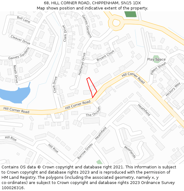 68, HILL CORNER ROAD, CHIPPENHAM, SN15 1DX: Location map and indicative extent of plot