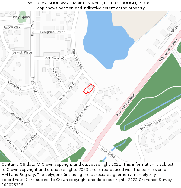 68, HORSESHOE WAY, HAMPTON VALE, PETERBOROUGH, PE7 8LG: Location map and indicative extent of plot