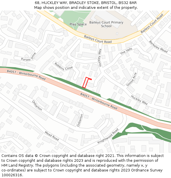 68, HUCKLEY WAY, BRADLEY STOKE, BRISTOL, BS32 8AR: Location map and indicative extent of plot