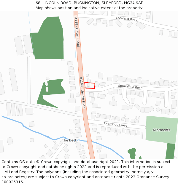 68, LINCOLN ROAD, RUSKINGTON, SLEAFORD, NG34 9AP: Location map and indicative extent of plot