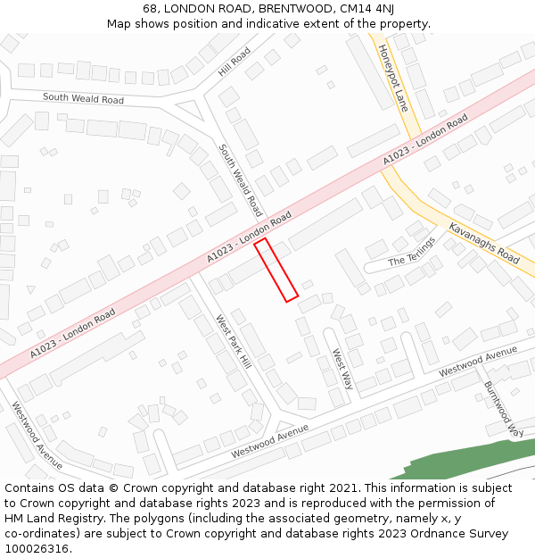 68, LONDON ROAD, BRENTWOOD, CM14 4NJ: Location map and indicative extent of plot