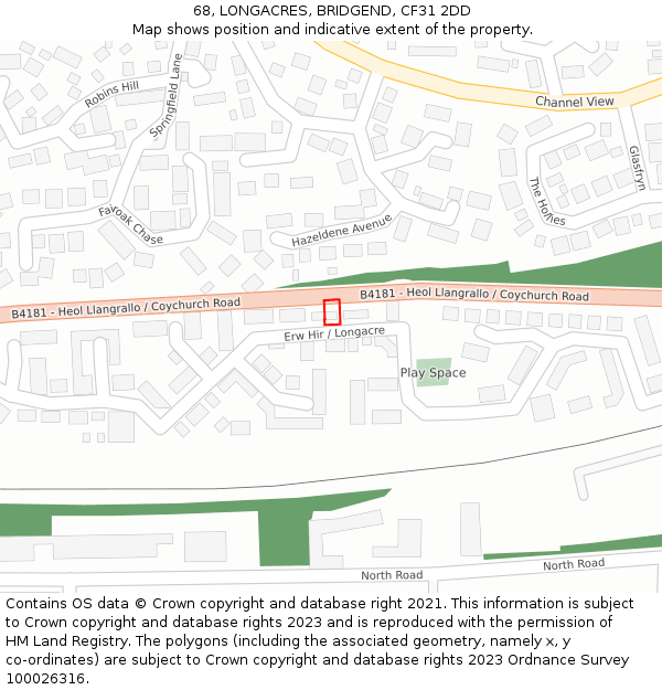 68, LONGACRES, BRIDGEND, CF31 2DD: Location map and indicative extent of plot