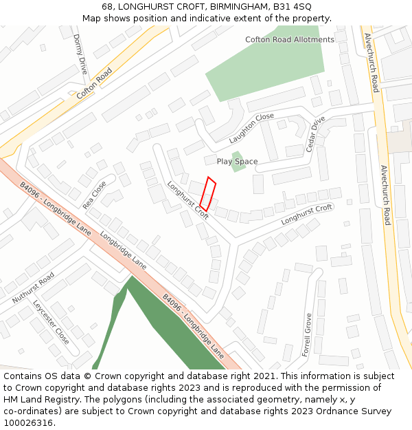 68, LONGHURST CROFT, BIRMINGHAM, B31 4SQ: Location map and indicative extent of plot