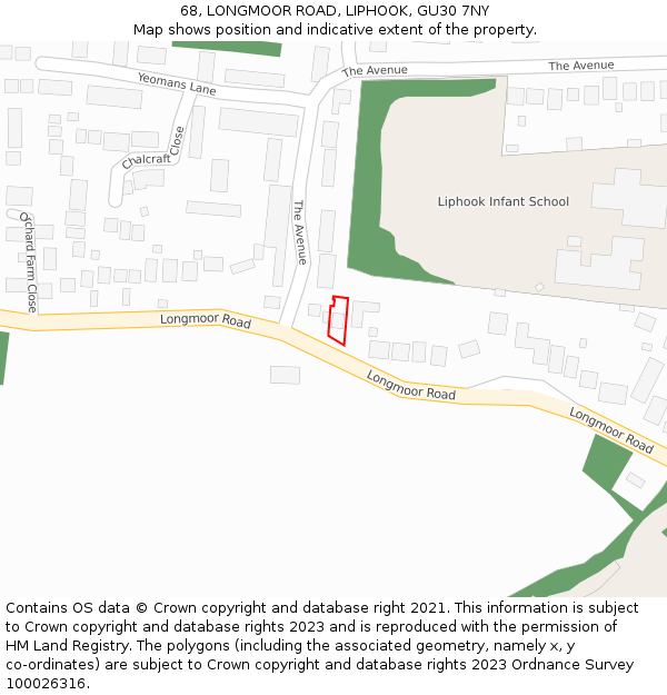 68, LONGMOOR ROAD, LIPHOOK, GU30 7NY: Location map and indicative extent of plot