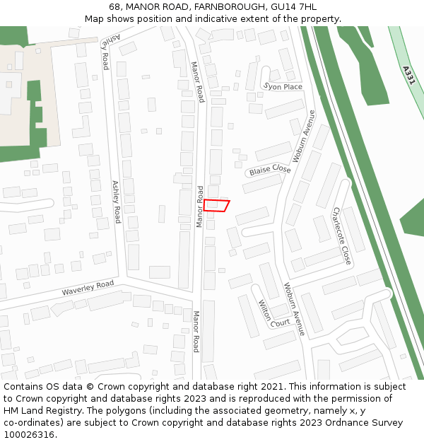68, MANOR ROAD, FARNBOROUGH, GU14 7HL: Location map and indicative extent of plot