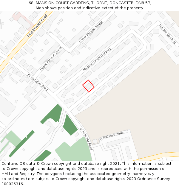 68, MANSION COURT GARDENS, THORNE, DONCASTER, DN8 5BJ: Location map and indicative extent of plot