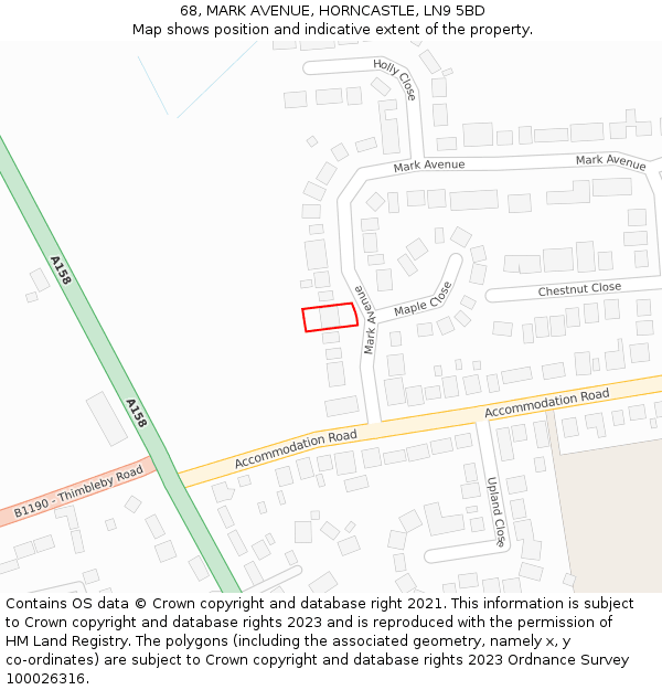 68, MARK AVENUE, HORNCASTLE, LN9 5BD: Location map and indicative extent of plot