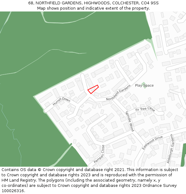 68, NORTHFIELD GARDENS, HIGHWOODS, COLCHESTER, CO4 9SS: Location map and indicative extent of plot