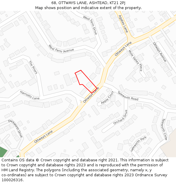 68, OTTWAYS LANE, ASHTEAD, KT21 2PJ: Location map and indicative extent of plot