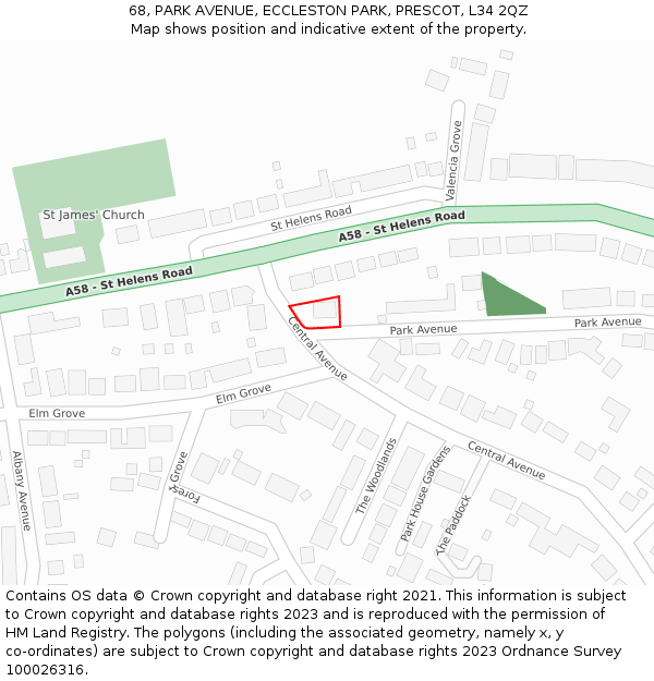 68, PARK AVENUE, ECCLESTON PARK, PRESCOT, L34 2QZ: Location map and indicative extent of plot