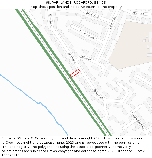 68, PARKLANDS, ROCHFORD, SS4 1SJ: Location map and indicative extent of plot