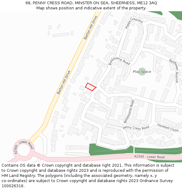 68, PENNY CRESS ROAD, MINSTER ON SEA, SHEERNESS, ME12 3AQ: Location map and indicative extent of plot