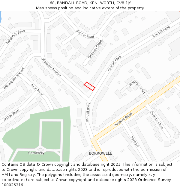 68, RANDALL ROAD, KENILWORTH, CV8 1JY: Location map and indicative extent of plot