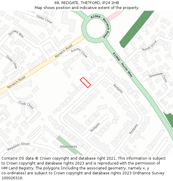 68, REDGATE, THETFORD, IP24 2HB: Location map and indicative extent of plot