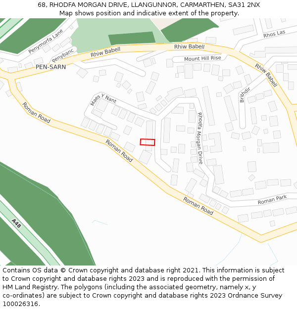 68, RHODFA MORGAN DRIVE, LLANGUNNOR, CARMARTHEN, SA31 2NX: Location map and indicative extent of plot