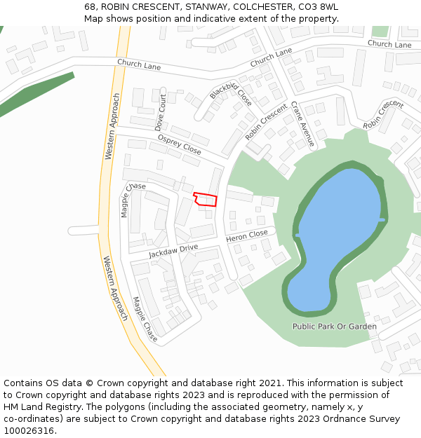 68, ROBIN CRESCENT, STANWAY, COLCHESTER, CO3 8WL: Location map and indicative extent of plot