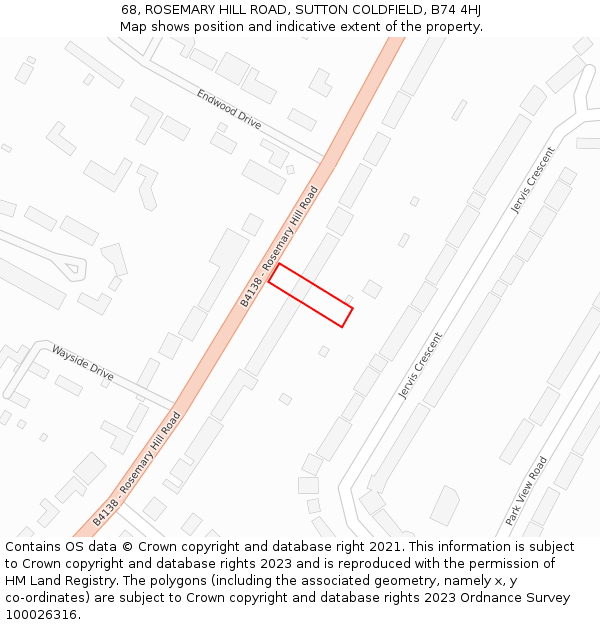 68, ROSEMARY HILL ROAD, SUTTON COLDFIELD, B74 4HJ: Location map and indicative extent of plot