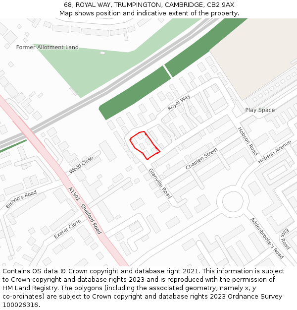 68, ROYAL WAY, TRUMPINGTON, CAMBRIDGE, CB2 9AX: Location map and indicative extent of plot