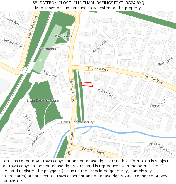 68, SAFFRON CLOSE, CHINEHAM, BASINGSTOKE, RG24 8XQ: Location map and indicative extent of plot