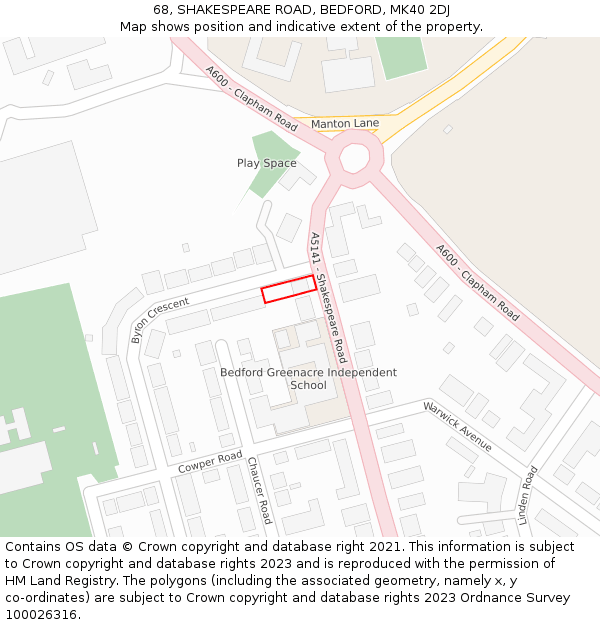 68, SHAKESPEARE ROAD, BEDFORD, MK40 2DJ: Location map and indicative extent of plot