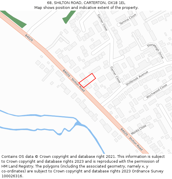 68, SHILTON ROAD, CARTERTON, OX18 1EL: Location map and indicative extent of plot
