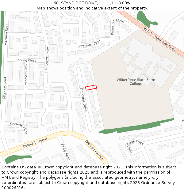 68, STANDIDGE DRIVE, HULL, HU8 0RW: Location map and indicative extent of plot