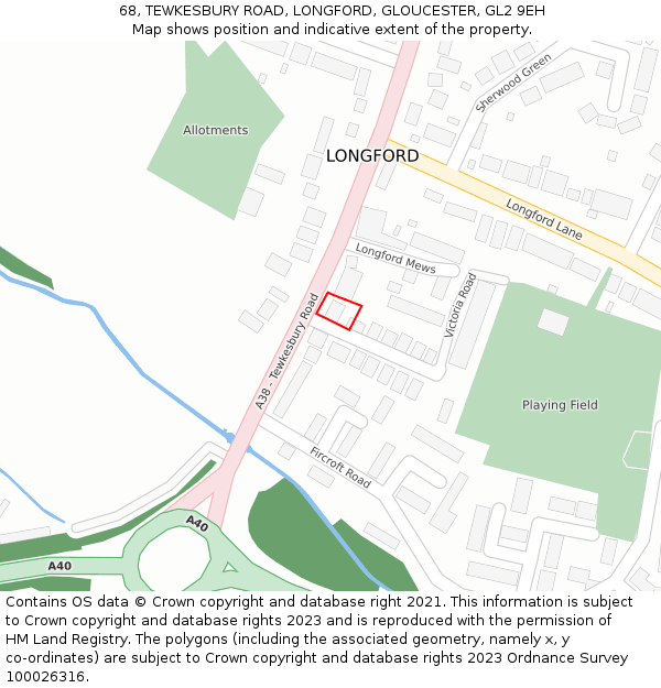 68, TEWKESBURY ROAD, LONGFORD, GLOUCESTER, GL2 9EH: Location map and indicative extent of plot