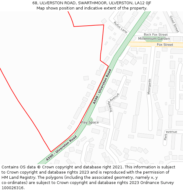 68, ULVERSTON ROAD, SWARTHMOOR, ULVERSTON, LA12 0JF: Location map and indicative extent of plot