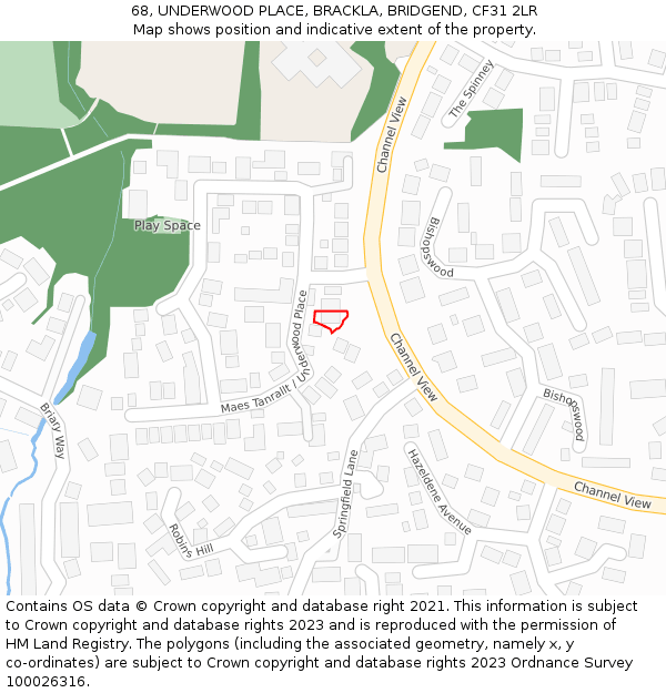 68, UNDERWOOD PLACE, BRACKLA, BRIDGEND, CF31 2LR: Location map and indicative extent of plot