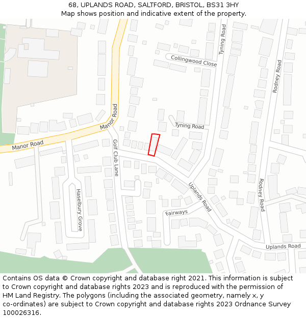 68, UPLANDS ROAD, SALTFORD, BRISTOL, BS31 3HY: Location map and indicative extent of plot