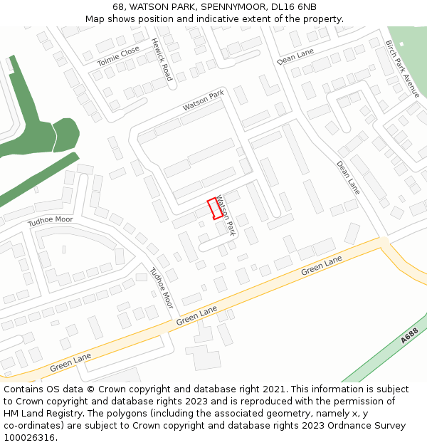 68, WATSON PARK, SPENNYMOOR, DL16 6NB: Location map and indicative extent of plot