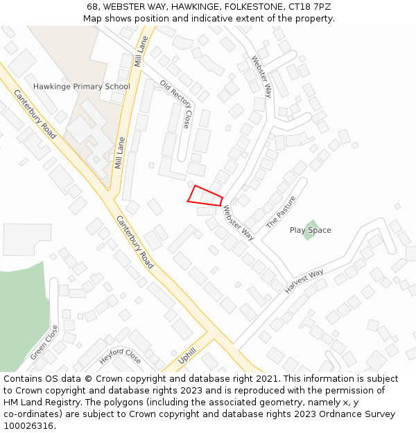 68, WEBSTER WAY, HAWKINGE, FOLKESTONE, CT18 7PZ: Location map and indicative extent of plot