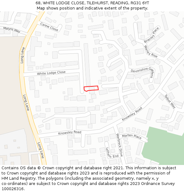 68, WHITE LODGE CLOSE, TILEHURST, READING, RG31 6YT: Location map and indicative extent of plot