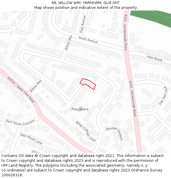 68, WILLOW WAY, FARNHAM, GU9 0NT: Location map and indicative extent of plot