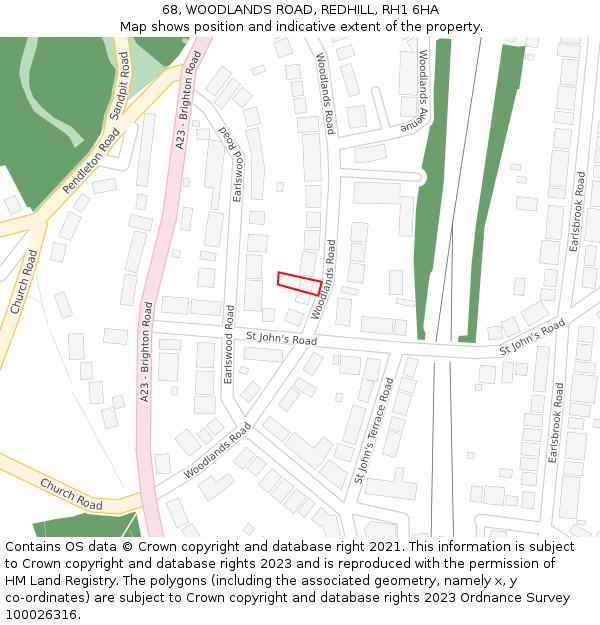 68, WOODLANDS ROAD, REDHILL, RH1 6HA: Location map and indicative extent of plot