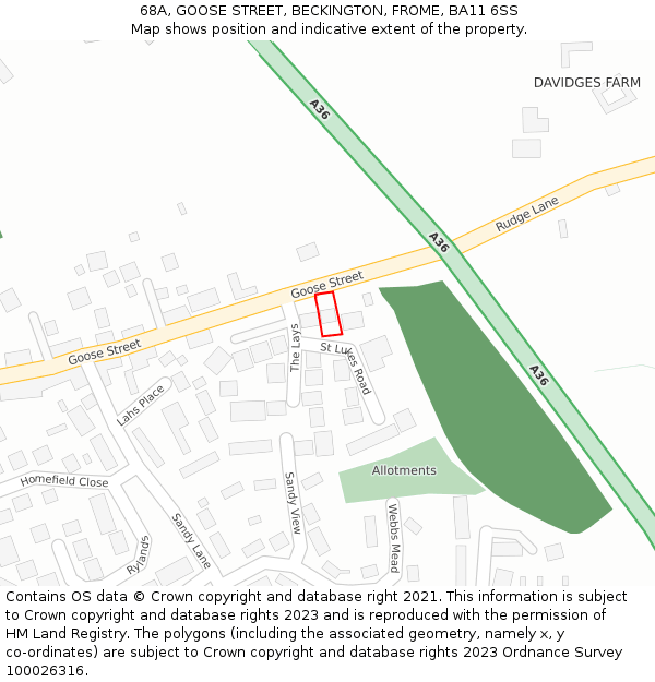 68A, GOOSE STREET, BECKINGTON, FROME, BA11 6SS: Location map and indicative extent of plot